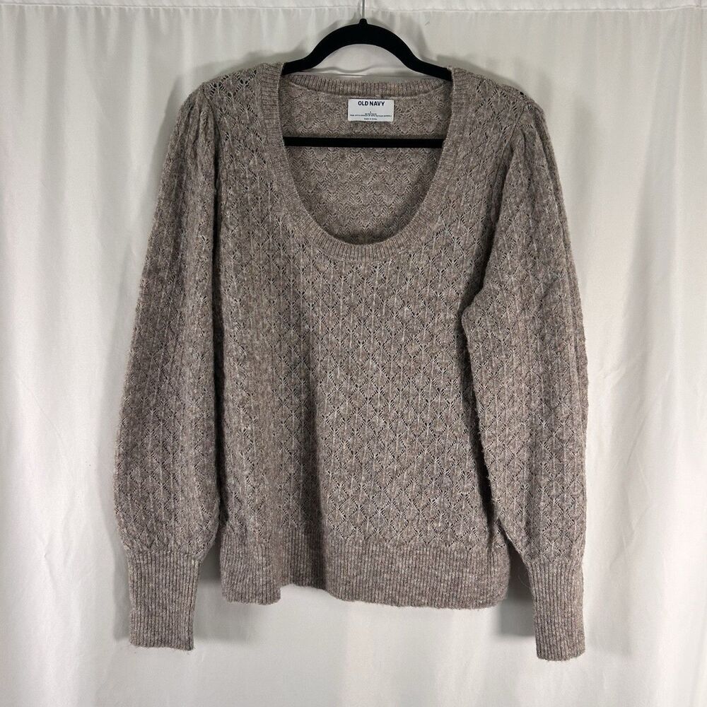 Old Navy Wool Blend Sweater Women's Large Brown Open Knit Round Neck Pullover
